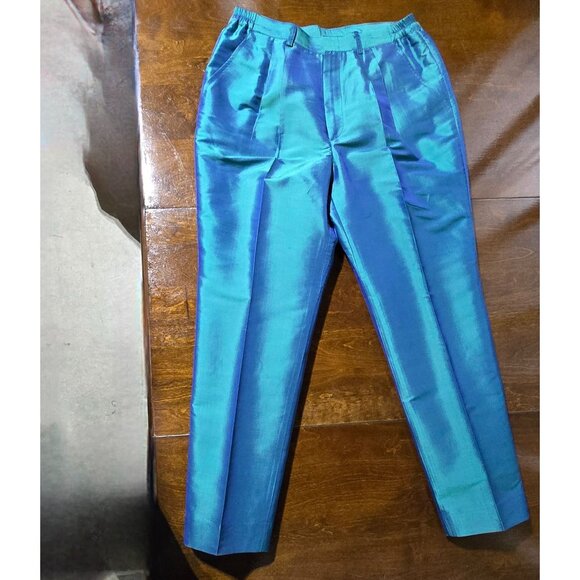 Vtg Cedro 2 Piece Womens Suit Sz S/M Iridescent Teal Blue 100% Silk Pantsuit Set - Picture 12 of 16